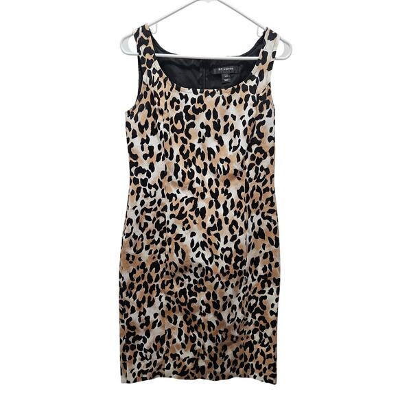 St. John Leopard Animal Print Sleeveless Slip Knee Length Dress Size 4 Black Tan - Picture 1 of 6